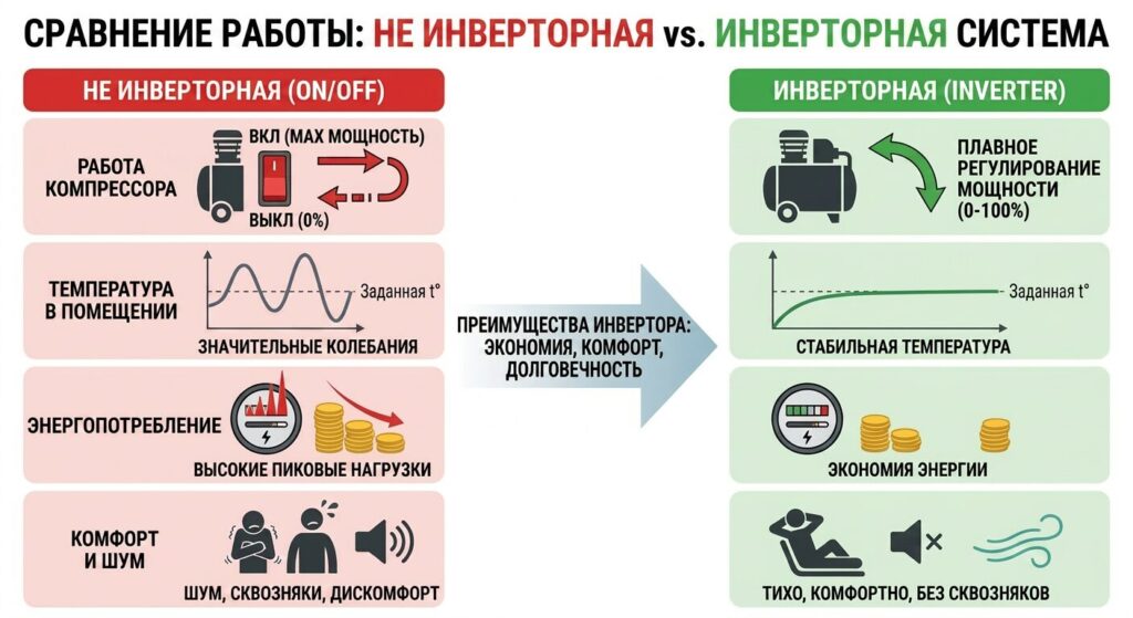 сравнение работы не инвертора та инвертора